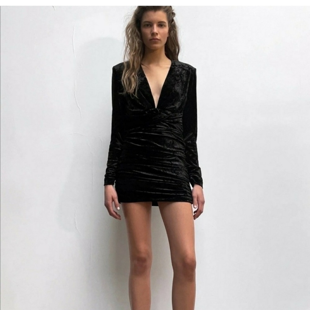 Zara Black Velvet Deep V Mini Dress with Shoulder Pads